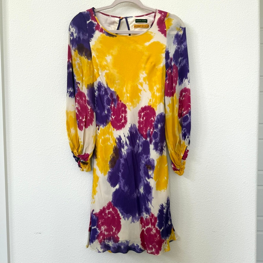 Alice + Olivia Silk Tie Dye Mini Dress Multicolor Long Sleeve Boho Mp Petite